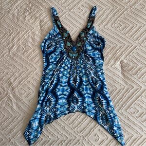 Vintage Venus blue tie-dye asymmetrical top with beaded details